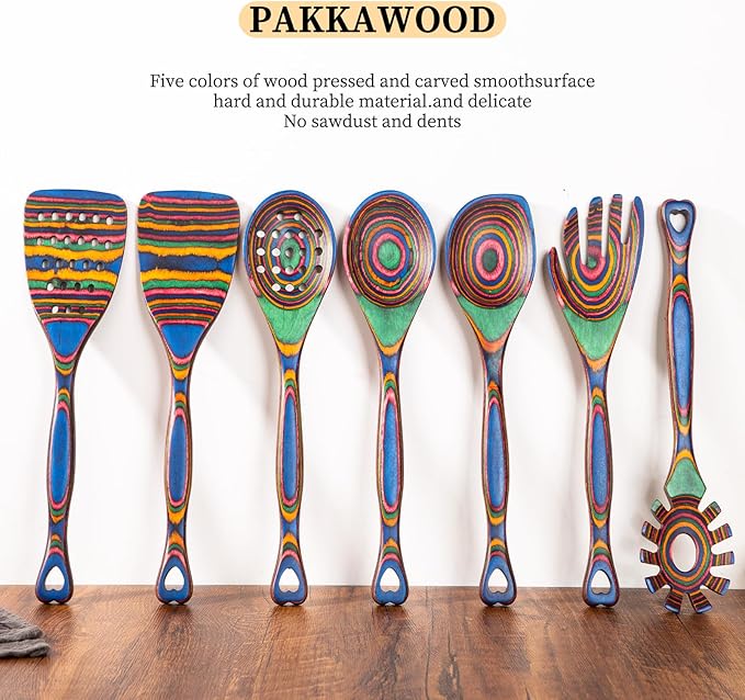 Gudamaye Pakkawood 7-Piece Wooden Cooking Utensils, Wooden Spoons for cooking, Pakkawood kitchen Utensils for Cooking, Non-Stick Spoon, Household Essentials, Heat-Resistant Spoons - Image 4