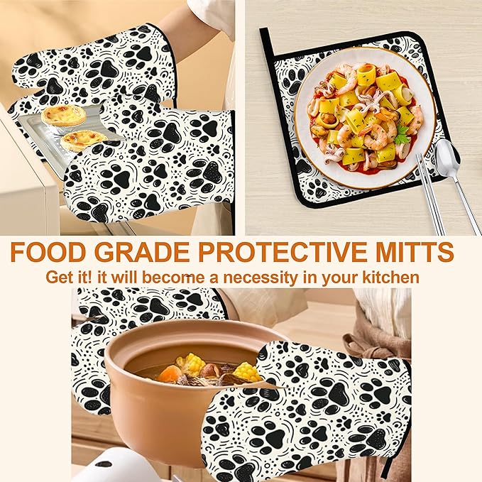 Black White Paw Oven Mitts & Potholder Set of 4 - Heat Resistant Kitchen Gloves Hot Pads for Baking, Cooking, Gifts for Women