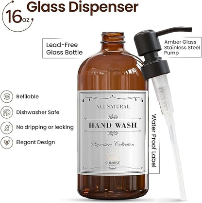 Sunrise Premium 4 Pack Amber Glass Soap Dispenser 16 OZ with Matte Black Stainless Steel Pump, Hand and Dish Soap Dispenser Set for Bathroom and Kitchen Sink with 12 Waterproof Labels - Image 2