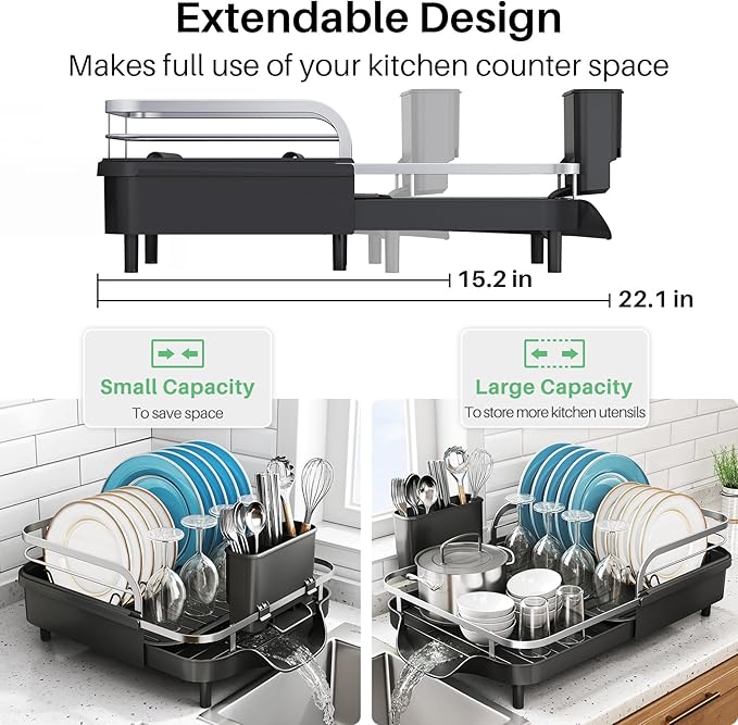 SNTD Dish Drying Rack, Expandable Dish Rack for Kitchen Counter, Stainless Steel Dish Drainer with Drainboard Set and Utensil Holder (Black) - Image 3