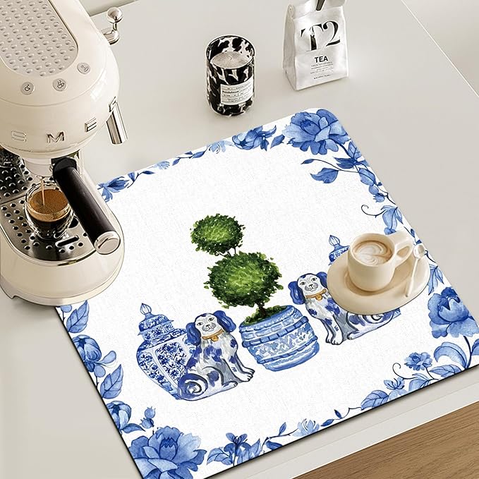 Chinoiserie Dish Drying Mat - Blue And White Porcelain Dish Drying Mat,Chinoiserie Dog Drying Mat For Kitchen Counter,Coffee Bar Mat,Vintage Chinoiserie Drying Mat,16x17.5 Inch