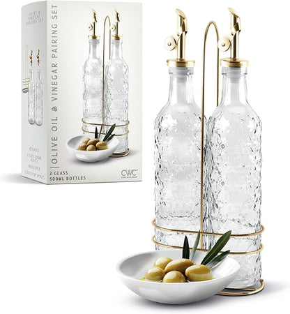 COOK WITH COLOR Glass Olive Oil Bottle Dispenser - 2 Pack- 17oz Oil and Vinegar Cruet - Olive Oil Carafe Decanter for Kitchen, Floral, Clear by CookwithColor