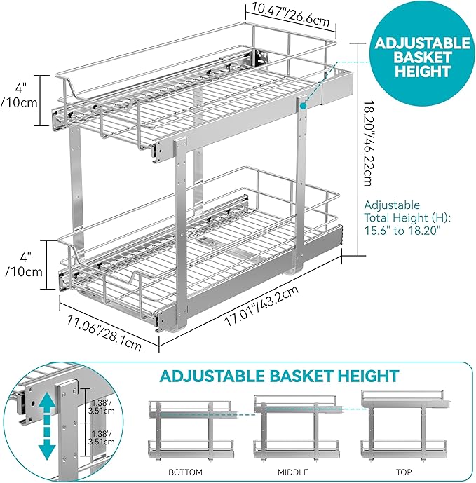 2 Tier Pull Out Cabinet Organizer 11" W X 22" D, Slide Out Drawers For Kitchen Cabinets, Pull Out Drawers For Cabinets Capacity Heavy Duty Caddy, Cabinet Pullout Shelves Chrome-Plated, Bathroom Pantry - Image 2