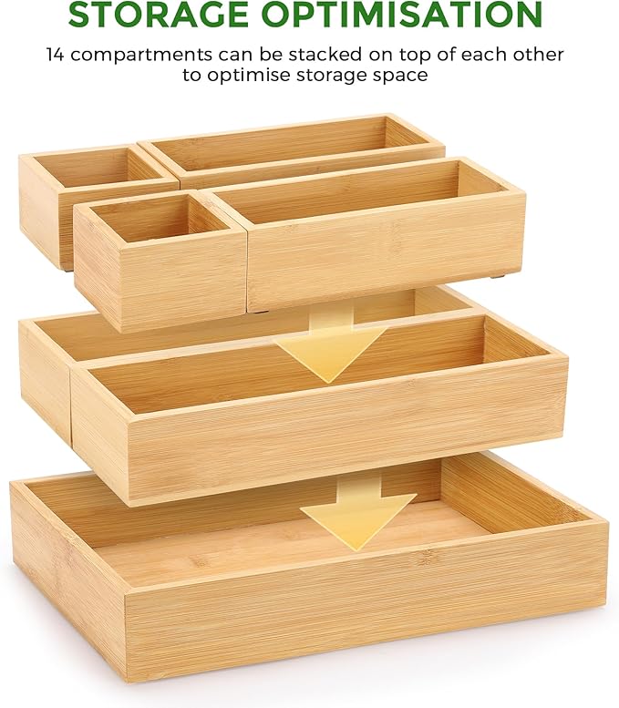 Bamboo Drawer Organizer Set, 14 PCS Multi-Use Individual Wood Storage Organizers, Junk Drawer Divider and Storage Trays Containers for Kitchen, Bathroom, Office Desk, Makeup, Jewelry, Utensils - Image 2