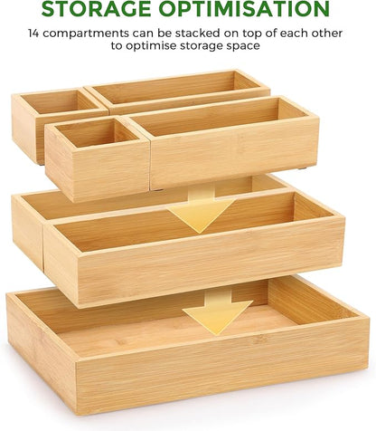 Bamboo Drawer Organizer Set, 14 PCS Multi-Use Individual Wood Storage Organizers, Junk Drawer Divider and Storage Trays Containers for Kitchen, Bathroom, Office Desk, Makeup, Jewelry, Utensils - Image 2