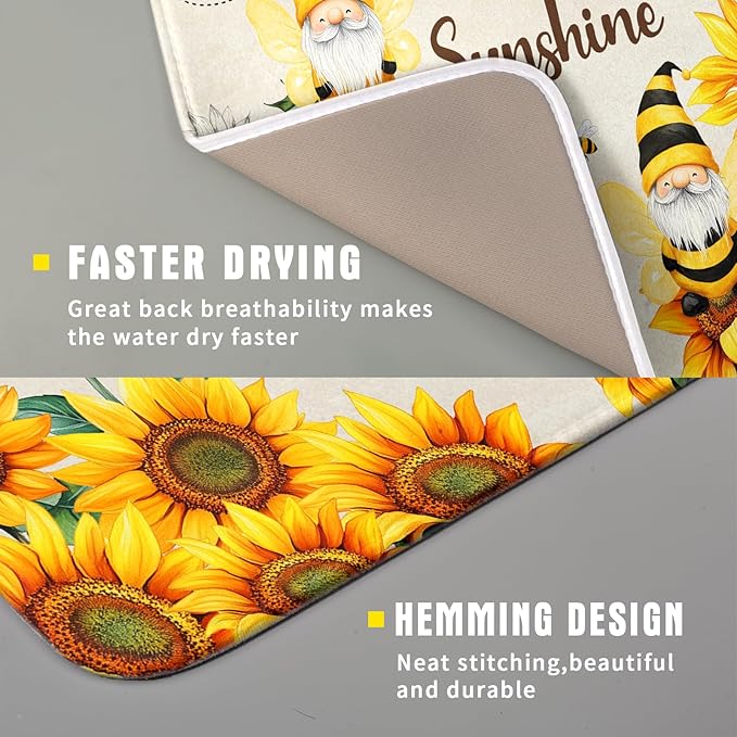 Giwawa Bee Gnomes Dish Drying Mat, Summer Sunflowers Elf Dish Drainer Mats for Kitchen Countertop, Vintage Sunshine Floral Absorbent Reversible Dish Drying Pad Decor, 16x18inches, Small