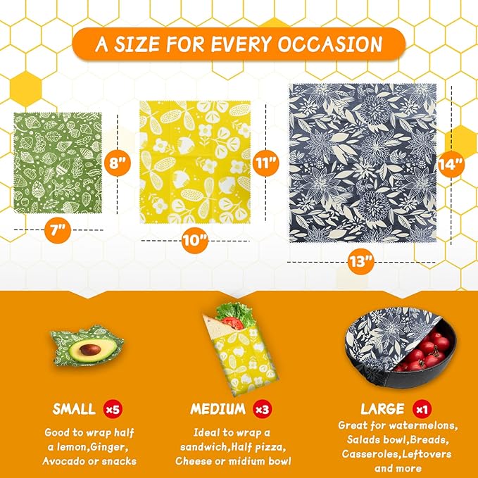 Organic Beeswax Wrap - Reusable Food Wrap Set, 9 Pack - 1L, 5M, 3S Flower Patterns - Sustainable, Sandwich Storage - Image 3