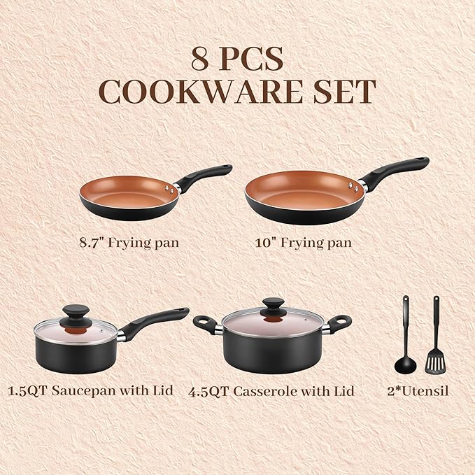 BECIGAR 8pcs Gold Ceramic Pots and Pans Set, Cooking Pan Set,Cooking Pot Set Ceramic Pan Set, Nonstick Cookware Set, Induction Safe Kitchen Cooking Set with Frying Pans, Saucepans, shovel and Ladle - Image 2