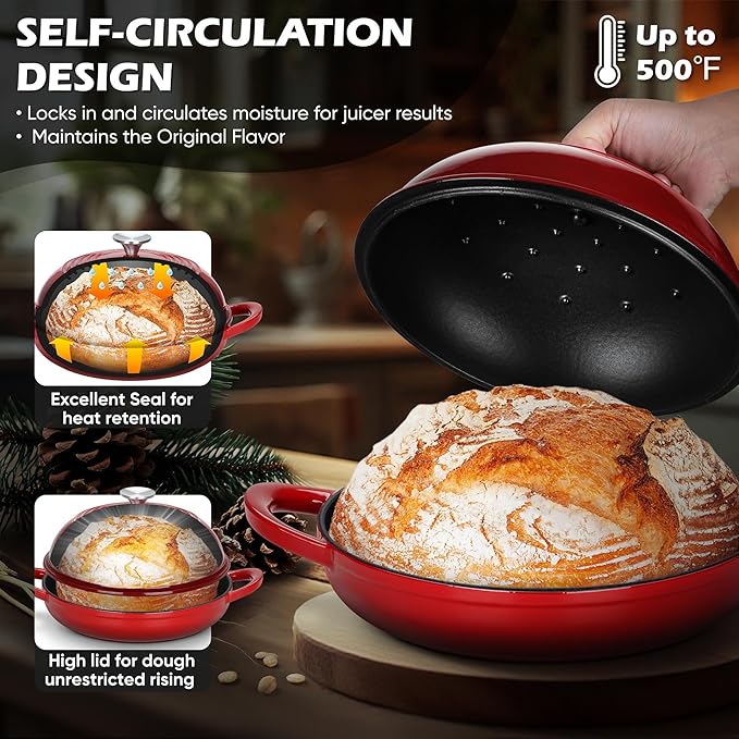 Bread Dutch Oven for Sourdough Baking (5.5 QT), Joyfair Enameled Cast Iron Dutch Oven Pot with Lid, Sourdough Bread Pan with Heavy Duty Dual Handles, Non-Stick & Even Heat, Oven-safe up to 500°F, Red - Image 3