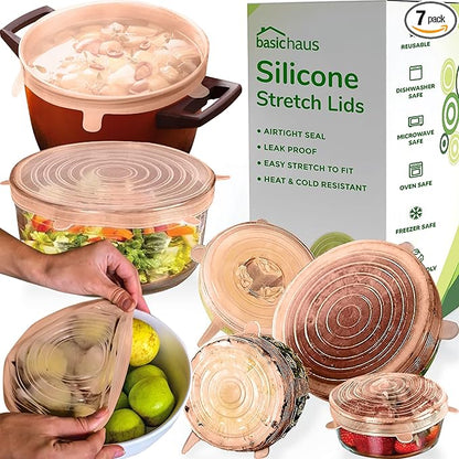 Reusable Silicone Stretch Lids for Food Storage in Fridge - Elastic Heat-Resistant Bowl Covers, Cups, Cans, Jars - Universal Food Grade Lid for Containers - 7 Pack - Apricot Stretchy Lid Set by BasicHaus