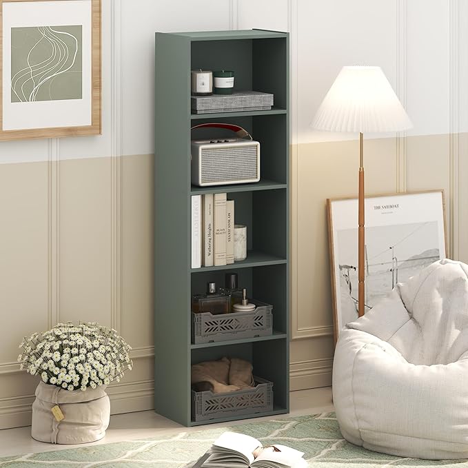 Furinno LUDER Book Shelf, 5-Tier Bookshelf, Bookcase with Open Shelves, 9.4 x 15.8 x 52, Easy Assembly, for Living Room, Bedroom, Home Office, Sage Green - Image 2