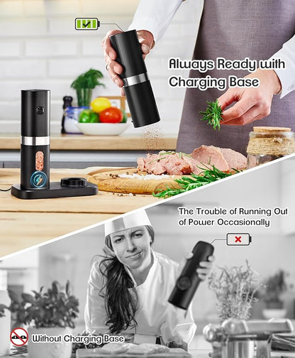 Electric Salt and Pepper Grinder Set, New Rechargeable Salt and Pepper Mill with Charging Base, Adjustable Coarseness Shakers with LED Light, One Hand Operation for Kitchen Appliances Gifts for Women