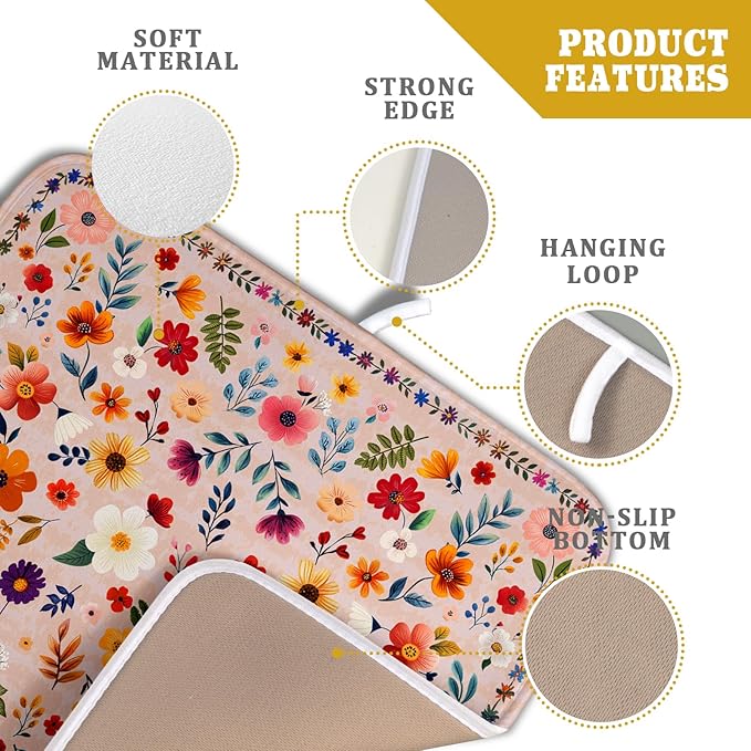 Boho Floral Dish Drying Mat - Pink Wildflower Absorbent Microfiber Kitchen Counter Pad for Home Coffee Bar Decor - Image 4