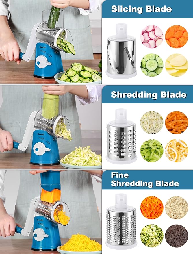 Geedel Rotary Cheese Grater Cheese Shredder - Upgraded 5-in-1 Cheese Grater with Handle and Strong Suction Base, Multi-purpose Vegetable Slicer Ice Shaver Nuts Grinder for Ice, Vegetables, Fruit, Nuts - Image 4