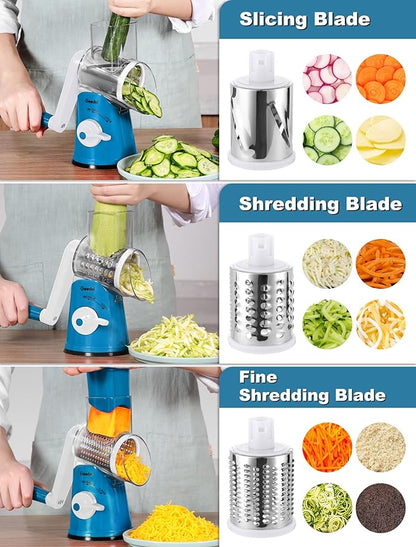 Geedel Rotary Cheese Grater Cheese Shredder - Upgraded 5-in-1 Cheese Grater with Handle and Strong Suction Base, Multi-purpose Vegetable Slicer Ice Shaver Nuts Grinder for Ice, Vegetables, Fruit, Nuts - Image 4