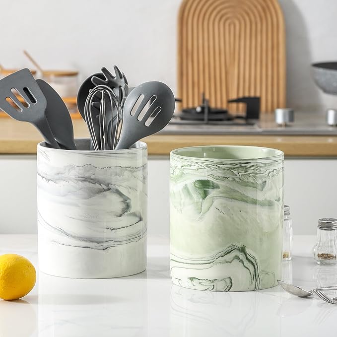7.2 inch Large Utensil Holder for Kitchen Counter, Golden Marble Utensil Crock Spatula Holder for Countertop Cooking Tools Storage Caddy Farmhouse Kitchen Decor (Marble-Grey) - Image 8