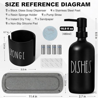 Kitchen Soap Dispenser Set, 16.9 fl oz Hand and Dish Soap Dispensers with Tray, Black Kitchen Soap Dispenser Set with Sponge Holder, Instant Dry Tray, Countertop Sink Organizer Accessories