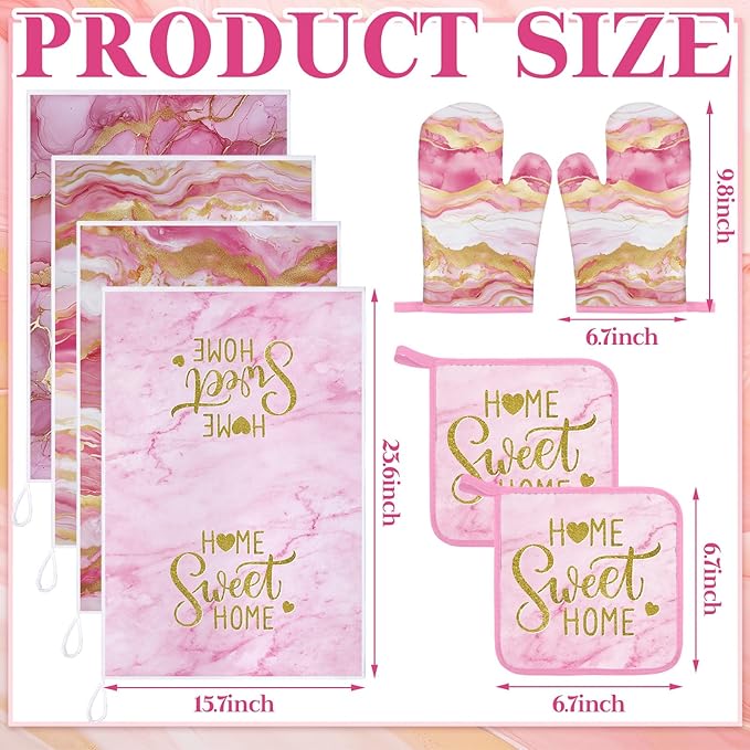 Leinuosen 8 Pcs Kitchen Towels and Dishcloths Sets Oven Mitts and Pot Holders Sets Absorbent Kitchen Gloves Potholders Heat Resistant for Chef Baking Cooking (Pink,Marble)