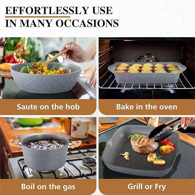 DishDelight 17 Piece Pots and Pans Set Non Stick, Granite Nonstick Cookware Set, Induction Cookware and Bakeware Set, Nonstick Kitchen Cookware Set, Gray - Image 6
