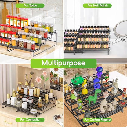 4 Tier Adjustable Spice Rack Organizer for Cabinet - Black (2 PCS S&L) Expandable Spice Shelf with Protection Railing for Inside Cabinets, Countertop, Pantry Storage & Seasoning Organization - Image 6