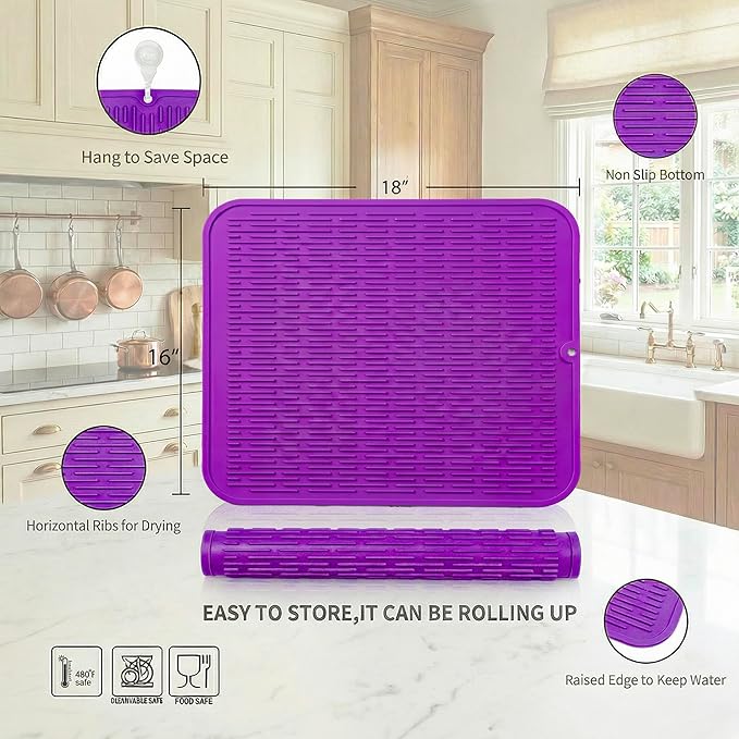 MicoYang Silicone Dish Drying Mat for Multiple Usage,Easy clean,Eco-friendly,Heat-resistant Silicone Mat for Kitchen Counter or Sink,Refrigerator or Drawer Liner Purple XL 18 inches x 16 inches - Image 2
