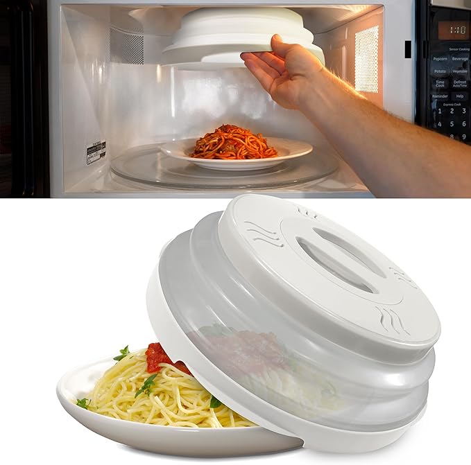 HOVER COVER Magnetic Microwave Splatter Cover with High Power, Strongest Magnetic Grip, Collapsible 12-Inch BPA-Free Food Lid, Vented Plate Guard, Dishwasher Safe, Space-Saving Storage - White by HoverCover