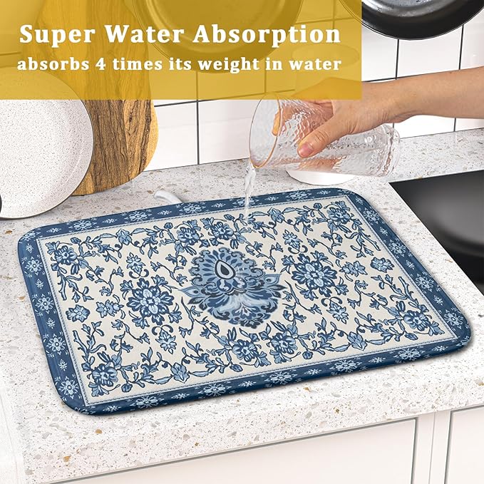 Blue Floral Dish Drying Mat for Kitchen Counter 16x18 Chinoiserie Flower Print Vintage Absorbent Reversible Microfiber Drying Mats Kitchen Countertop Protector Dishes Drainer Rack Pad - Image 7