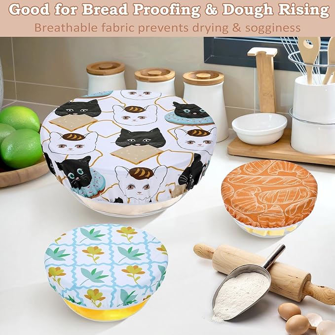 5-Size Reusable Beeswax Bowl Covers for Bread Proofing, Cotton Cloth Flexible Beeswax Wraps for Food Storage(Toast Cat) - Image 4