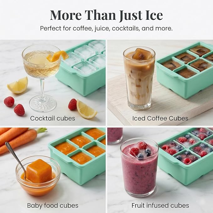 KitchFort Large Silicone Ice Cube Tray (2-Pack), Easy Release 2" Big Ice Cubes - Cocktail, Whiskey Ice Cubes Mold - Ice Trays for Freezer with Lid - Stackable Silicone Ice Tray - Green - Image 7