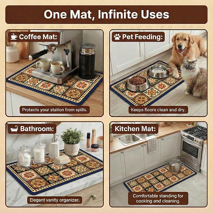 Boho Dish Drying Mat for Kitchen Counter - Super Absorbent Faux Leather Kitchen Mat, Quick Dry & Non-Slip Countertop Protector, Aesthetic Bohemian Decor for Coffee Bar (17"x31.5", Blue)