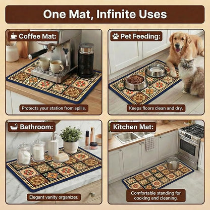 Boho Dish Drying Mat for Kitchen Counter - Super Absorbent Faux Leather Kitchen Mat, Quick Dry & Non-Slip Countertop Protector, Aesthetic Bohemian Decor for Coffee Bar (17"x31.5", Blue)