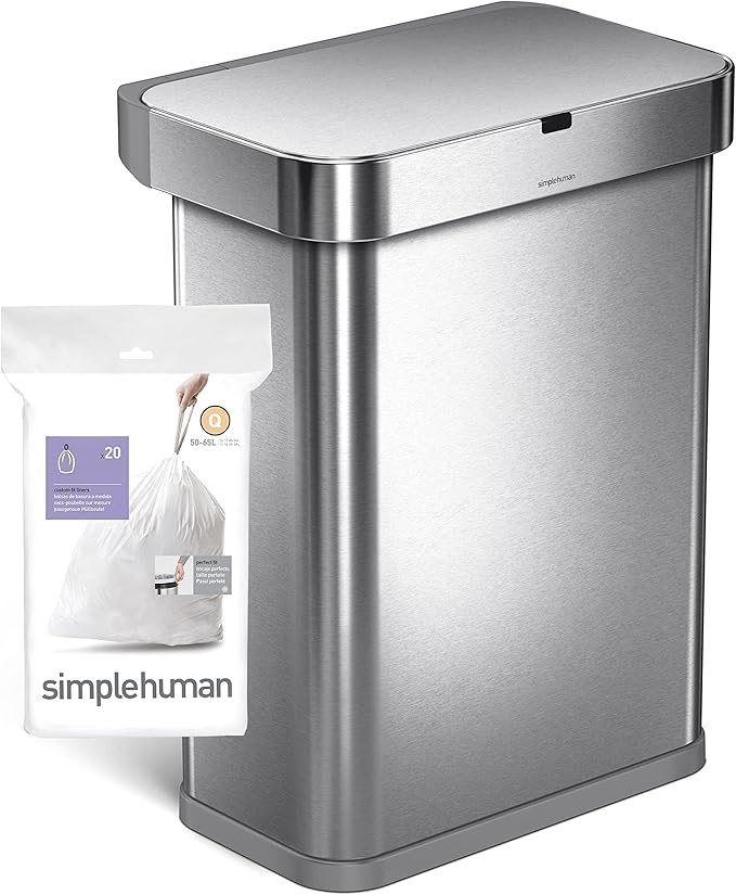 simplehuman Code Q 60 Count Custom Fit Liners, Drawstring Kitchen Trash Bags, One-by-One Mess-Free Dispense, Extra Thick & Double Seamed, 50% PCR Plastic, 50-65 Liter / 13-17 Gallon, White