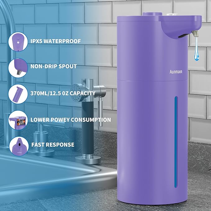 Aunmaon Automatic Soap Dispenser Touchless, Hands-Free, Multi Adjustable Volume, Long Battery Life, Compatible with Thick & Thin Dish/Hand Soap for Bathroom and Kitchen, Easy for Toddlers, Purple - Image 4