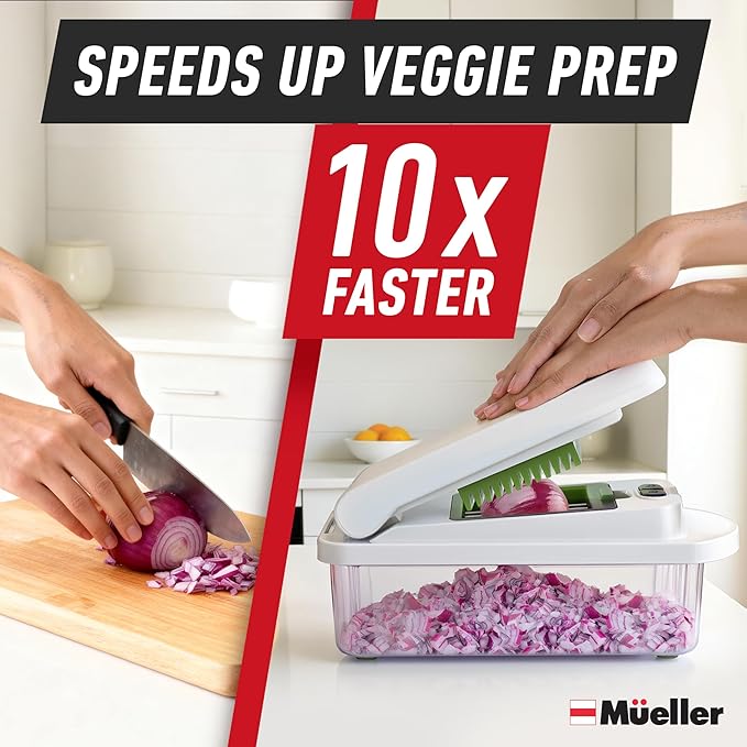 Mueller Pro-Series 10-in-1, 8 Blade Vegetable Chopper, Onion Mincer, Cutter, Dicer, Egg Slicer with Container, French Fry Cutter Potato Slicer, Home Essentials, Salad Chopper White Sand/Green - Image 3