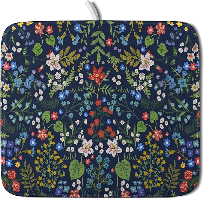 Flower Floral Dish Drying Mat Microfiber Navy Blue Absorbent Drying Pad for Kitchen Counter Small by Giwawa
