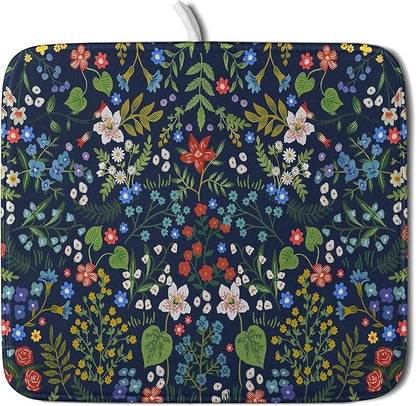 Flower Floral Dish Drying Mat Microfiber Navy Blue Absorbent Drying Pad for Kitchen Counter Small by Giwawa