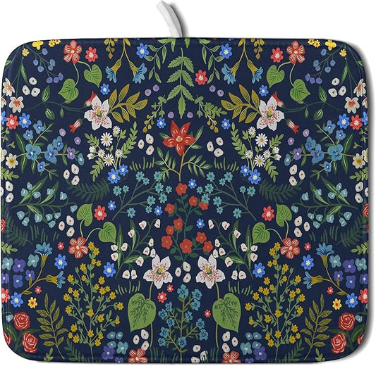 Flower Floral Dish Drying Mat Microfiber Navy Blue Absorbent Drying Pad for Kitchen Counter Small by Giwawa