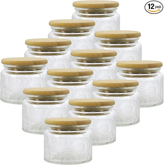 4 oz Mini Glass Jars with Airtight Bamboo Lids 12 pack, Decorative Small Food Storage Canister, Vintage Embossed Home Décor Candle Parties Wedding Baby Shower Favors Gift