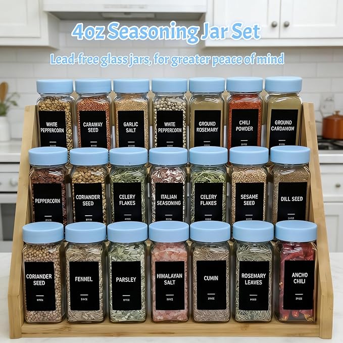 Spice Jars with Labels - 24 Glass Spice with Shaker Lids & Airtight Plastic Caps - 4oz Complete Seasoning Containers Organizer Set for Cabinet, Drawer & Rack (Skyblue) - Image 3