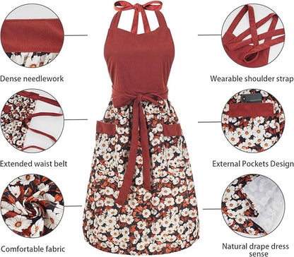 Cute Floral Aprons for Women with Pockets,Cotton Adjustable Neck Strap Apron for Kitchen Cooking Baking Gardening