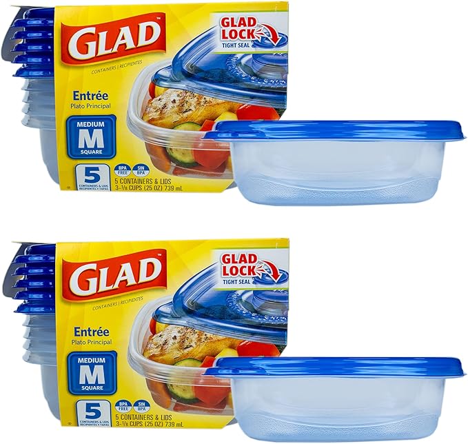 Glad GladWare Entree Food Storage Containers with Lids, Medium Square BPA Free Plastic for Meal Prep and Lunches, Lock Tight Seal, Microwave and Dishwasher Safe, 25 Oz, 5 Count - 2 Pack by GladTrashFoodStorage