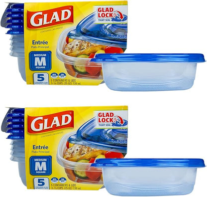 Glad GladWare Entree Food Storage Containers with Lids, Medium Square BPA Free Plastic for Meal Prep and Lunches, Lock Tight Seal, Microwave and Dishwasher Safe, 25 Oz, 5 Count - 2 Pack by GladTrashFoodStorage