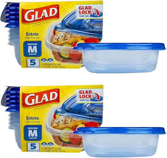 Glad GladWare Entree Food Storage Containers with Lids, Medium Square BPA Free Plastic for Meal Prep and Lunches, Lock Tight Seal, Microwave and Dishwasher Safe, 25 Oz, 5 Count - 2 Pack by GladTrashFoodStorage