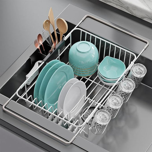 Dish Drying Rack in Sink: Expandable, 3-Slot Utensil Holder, Anti-Slip Handle. Small Dish Rack: Ideal for Small Households. Kitchen Drying Rack: White