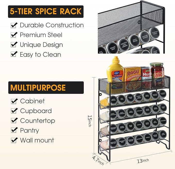 Skiileor Spice Rack Organizer with 28 Empty Spice Jars,Spice Labels,Chalk pen and Funnel Complete Set,Space-Saving for Countertop, Cabinet or Wall Mount - Image 2