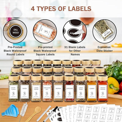 Aliggbent Spice Jars with Lable, 36 Pcs 4 oz Glass Spice Jars with Bamboo Lids, Spice Containers Bottles, Glass Seasoning Jars with Shaker Lids, Collapsible Funnel, for Spice Racks, Pantry,Cupboard - Image 4