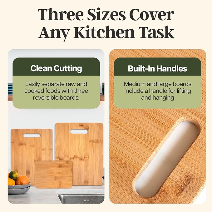 Totally Bamboo 3-Piece Cutting Board Set, Bamboo Wood Cutting Boards for Kitchen with Built-In Handles, Reversible Chopping Boards in Small, Medium, and Large Sizes - Image 2