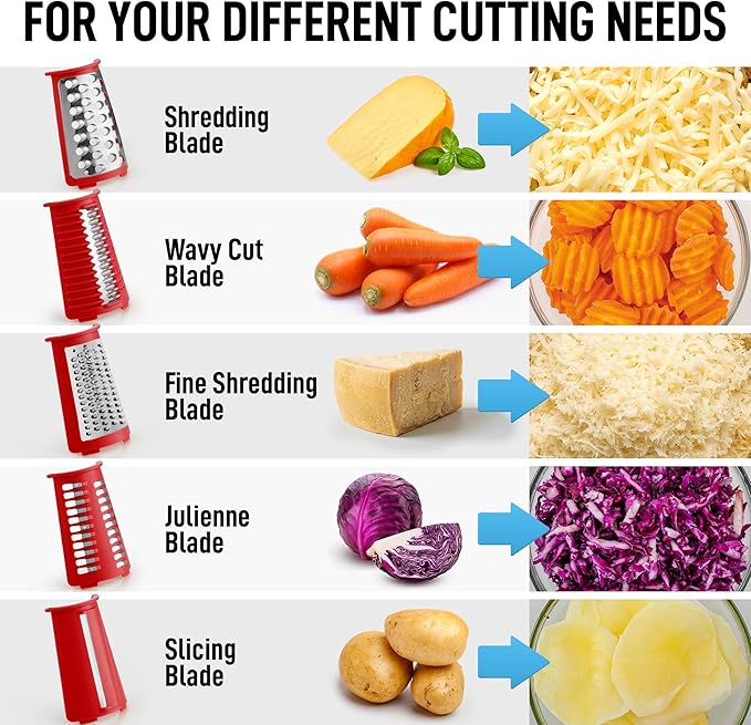 Zulay Kitchen Rotary Cheese Grater 5 Blade Cheese Shredder - Manual Hand Crank Cheese Grater With Reinforced Suction & 5 Interchangeable Drums - Easy to Use, Vegetable Chopper Round Mandoline Slicer - Image 10