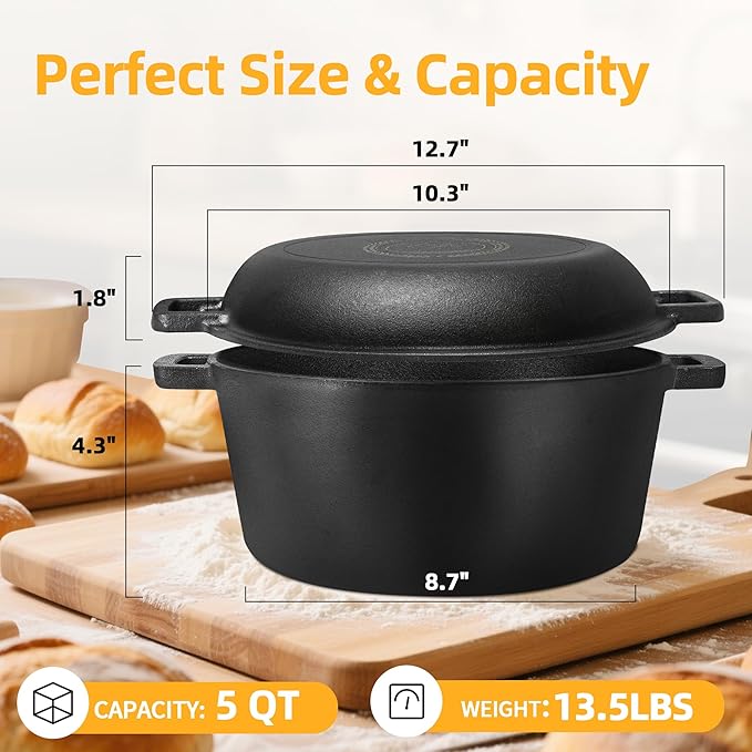 Pre-Seasoned Cast Iron Dutch Oven Pot with Skillet Lid, 5 Qt Bread Dutch Oven Includes Proofing Basket Sourdough Starter Kit for Bread Baking, Camping, Frying and Braising - Image 2