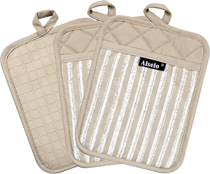 Alselo Silicone Pot Holders Set of 3 Heat Resistant & Non Slip Potholders, Professional Oven Hot Pads with Pockets Mitts for Kitchen Cooking Baking Barbecue (Khaki, 3) - Image 8